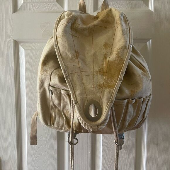 Vintage large canvas & Khaki camel  large Backpack silver tone studs & hardwares - Picture 1 of 16